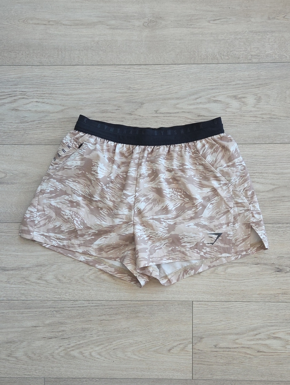 Gymshark Beige Camo Athletic Shorts with Black Waistband
